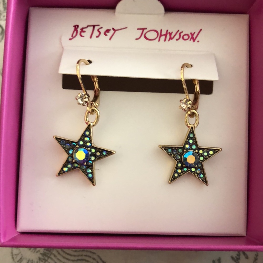 Betsey Johnson Gold Tone Heavenly Creatures Star Drop Earrings Oil Slick Color - Picture 3 of 11